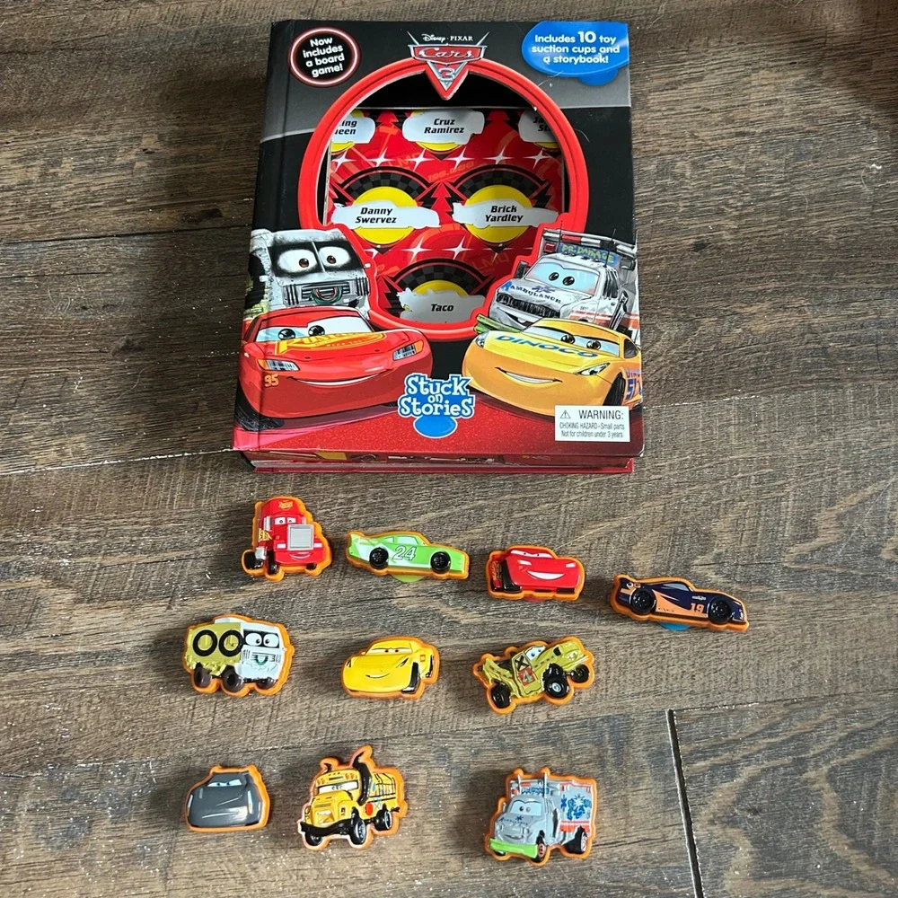 Disney Pixar Cars 3 Stuck on Stories Book Board Game 10 Suction Cup Toys Set
